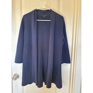 Eileen Fisher SILK LINEN Blend Navy Blue long open cardigan Size S/P pocket